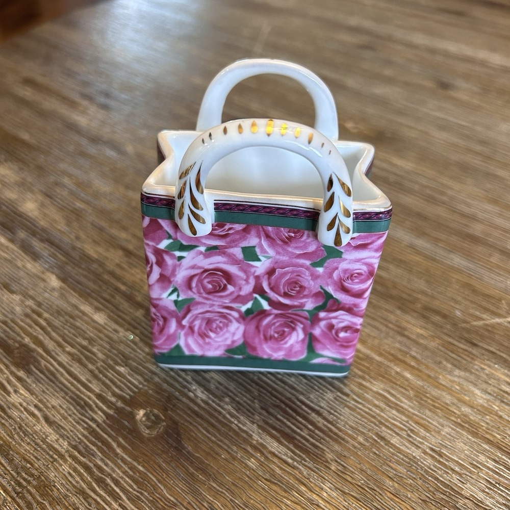 Miniature 4" GANZ Ceramic Shopping Bag Vase Rose Design Handpainted Gold Trim